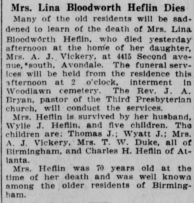 Lina Bloodworth Heflin obituary